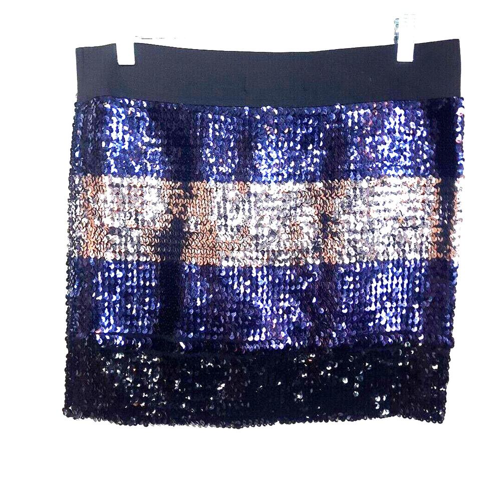 Y2K XXI Sequin Stripe Mini Skirt Large Blue Silver Black Stretch Party Festival